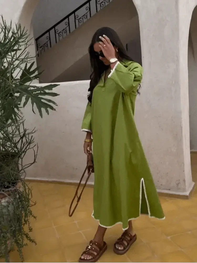 Elegant Green Lapel Dress Chic Embroidery Split Design
