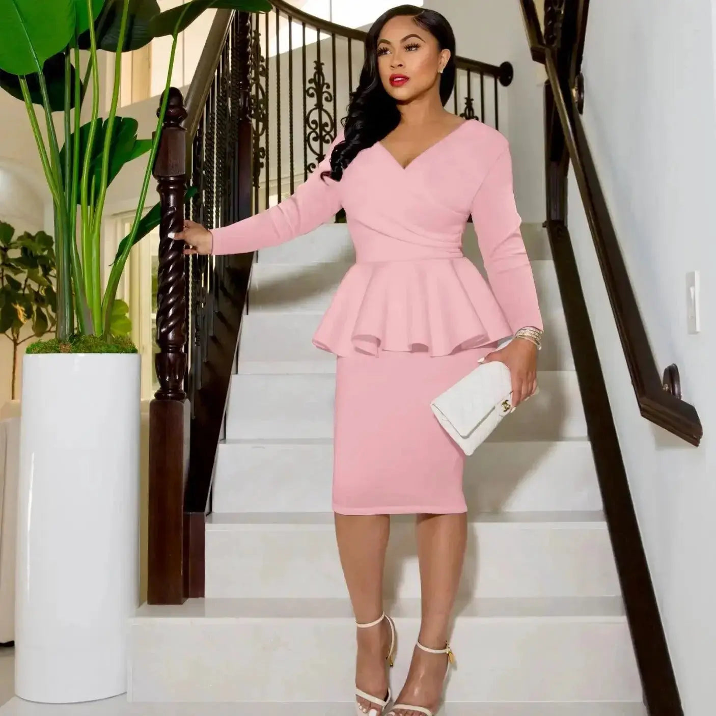 Sophisticated V-Neck Peplum Dress For Autumn Office Attire
