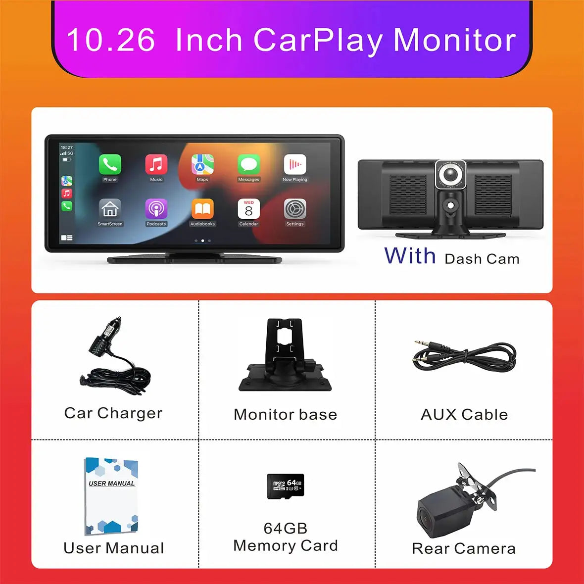Universal Portable Wireless Carplay Screen for Car with Android Auto Touchscreen Car Stereo System