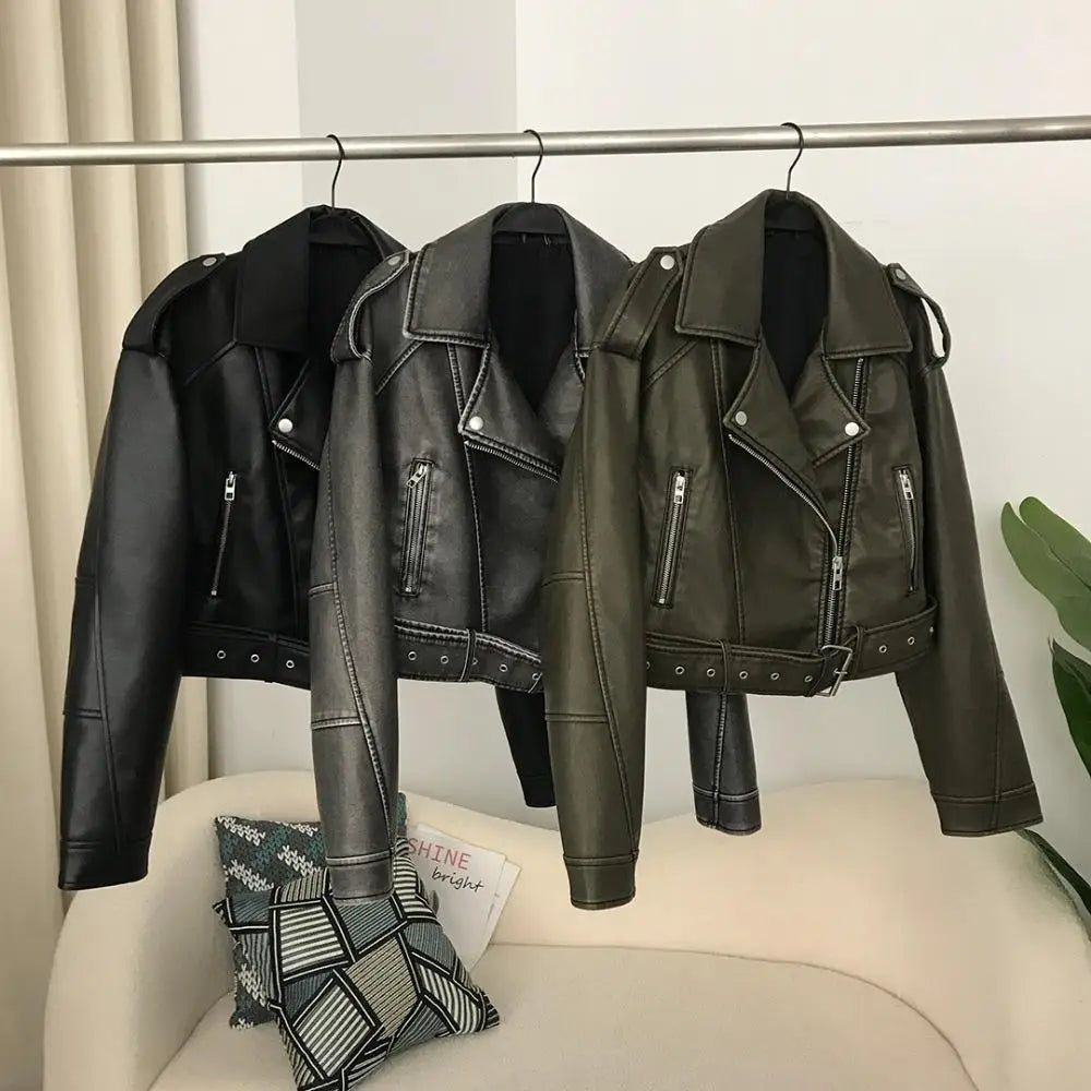 Zipper Belted Leather Jacket