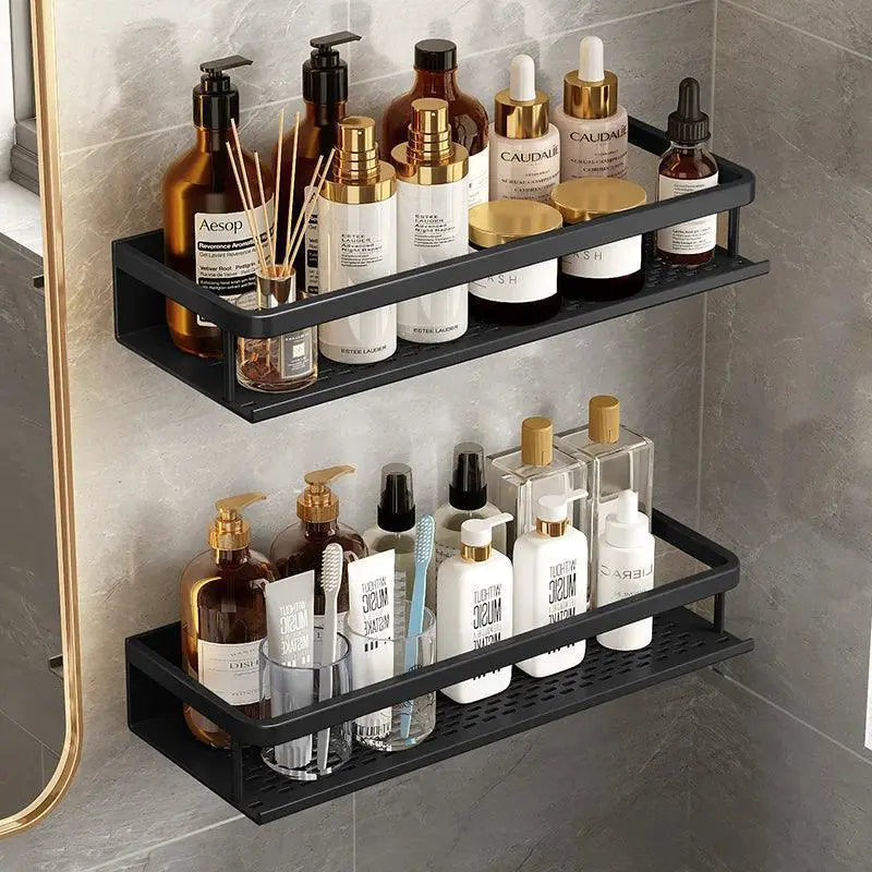 Black Aluminum Wall Shelf With Basket Storage Solution