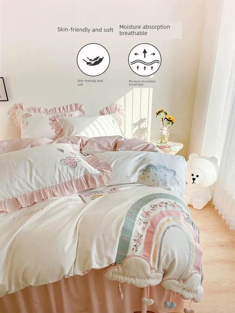 Princess Style Bed Four Piece Set Pure Cotton Pink Dream
