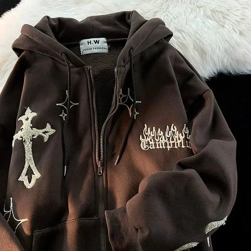 Harajuku Embroidery Hoodie Women Oversized Zip Up Sweatshirt