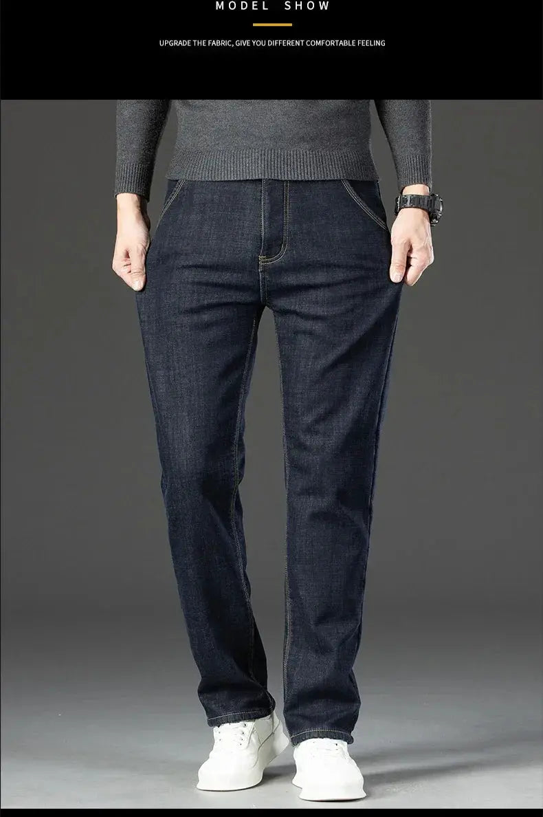 Winter Fleece Thick Jeans Men Business Casual Pants
