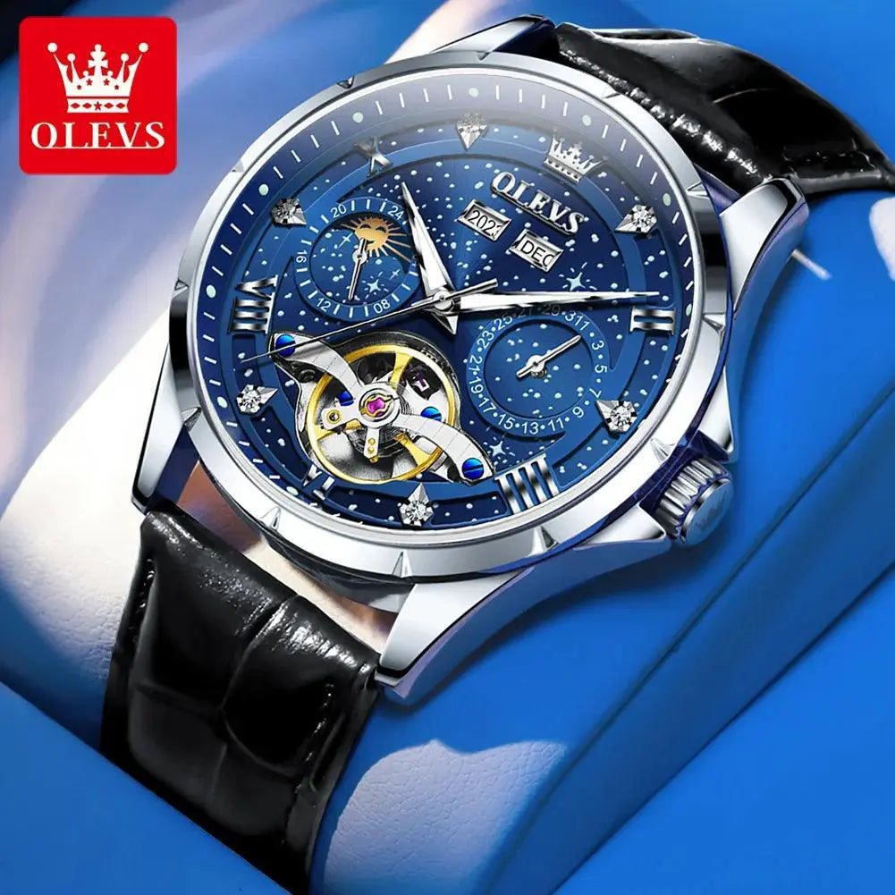 OLEVS Mens Moon Phase Hollow Flywheel Luxury Wristwatch