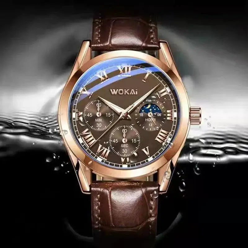 Mens Leather Chronograph Sports Watch Stylish Waterproof