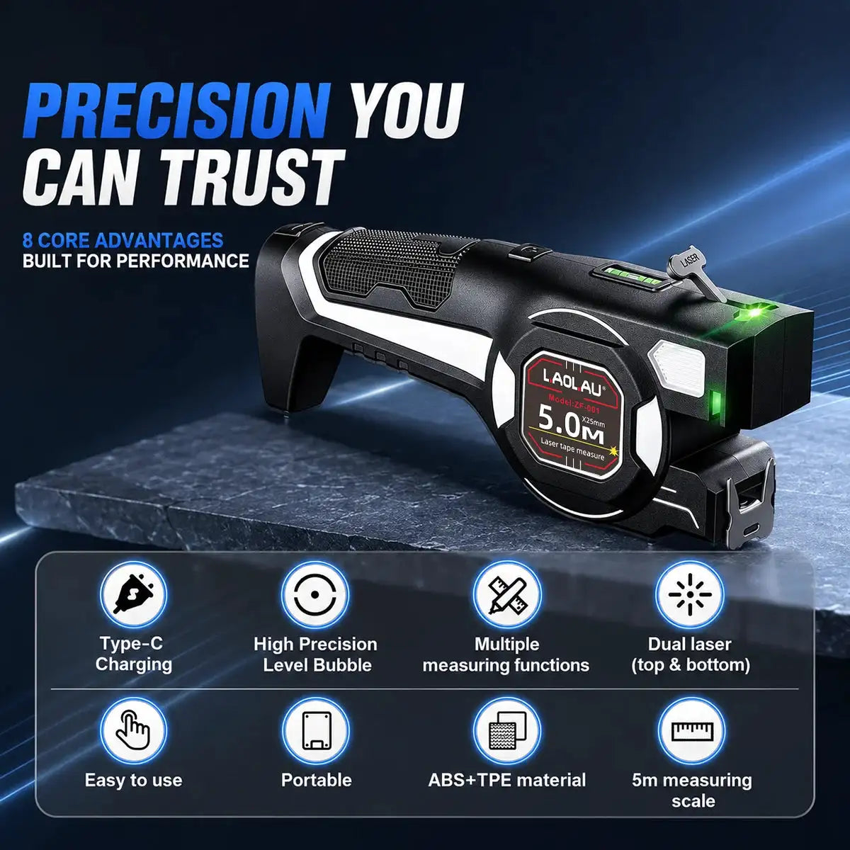 ZF-001 5M Laser Tape Measure 25mm Green Laser Line Bubble Level Type-C Auto Lock Ruler Measuring Tools for Household Woodworking