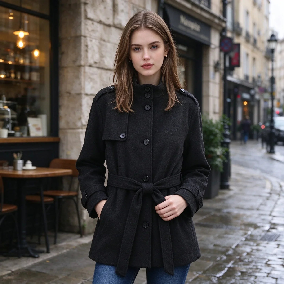 Laceup Button Long Woolen Jacket