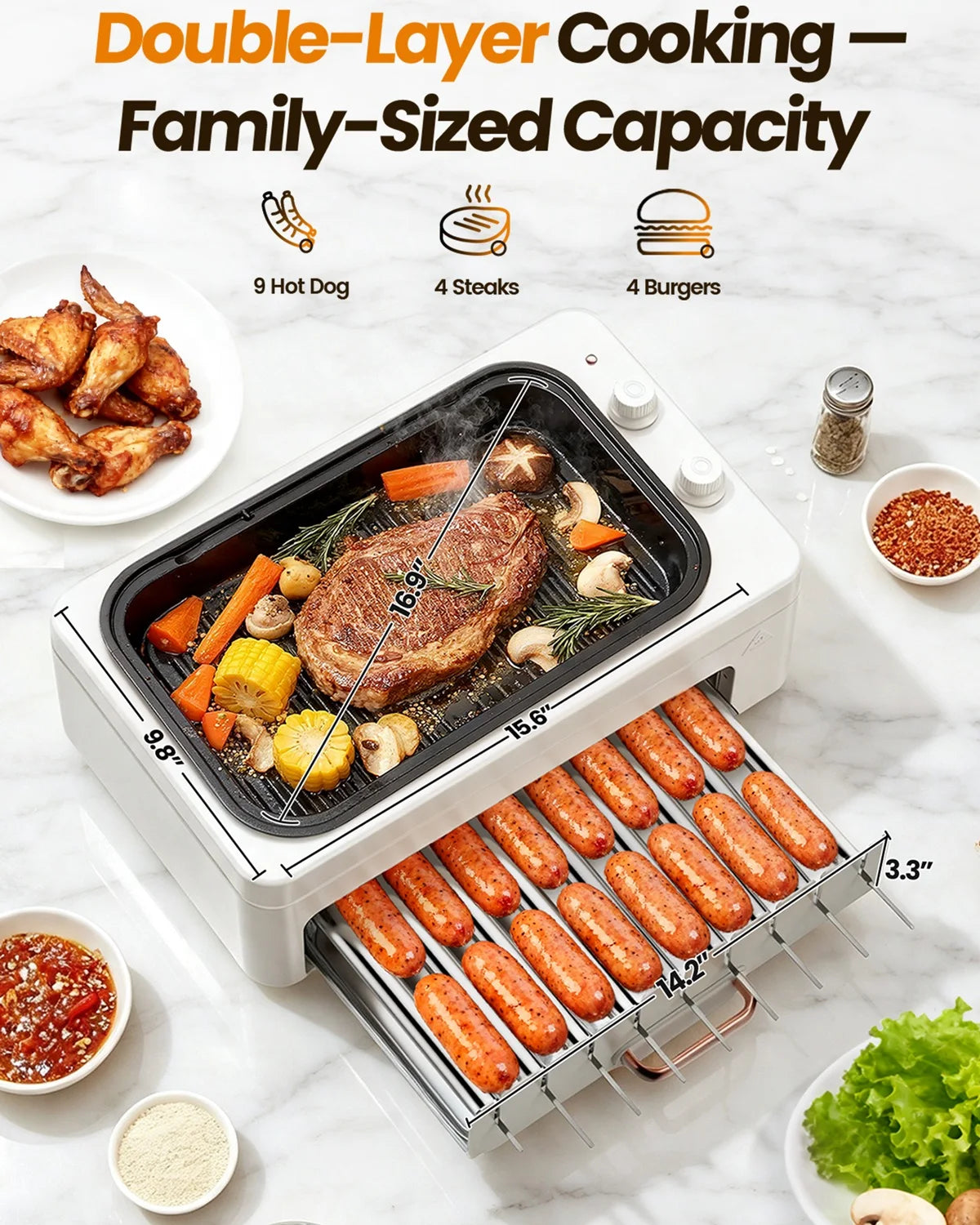 Smokeless Indoor Electric Grill, Countertop BBQ with Dual-Zone — product view 5