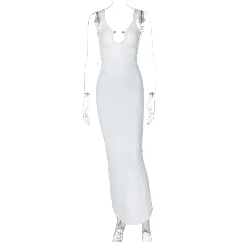 MSCSZ White Backless Maxi Dress V Neck Sleeveless 2024