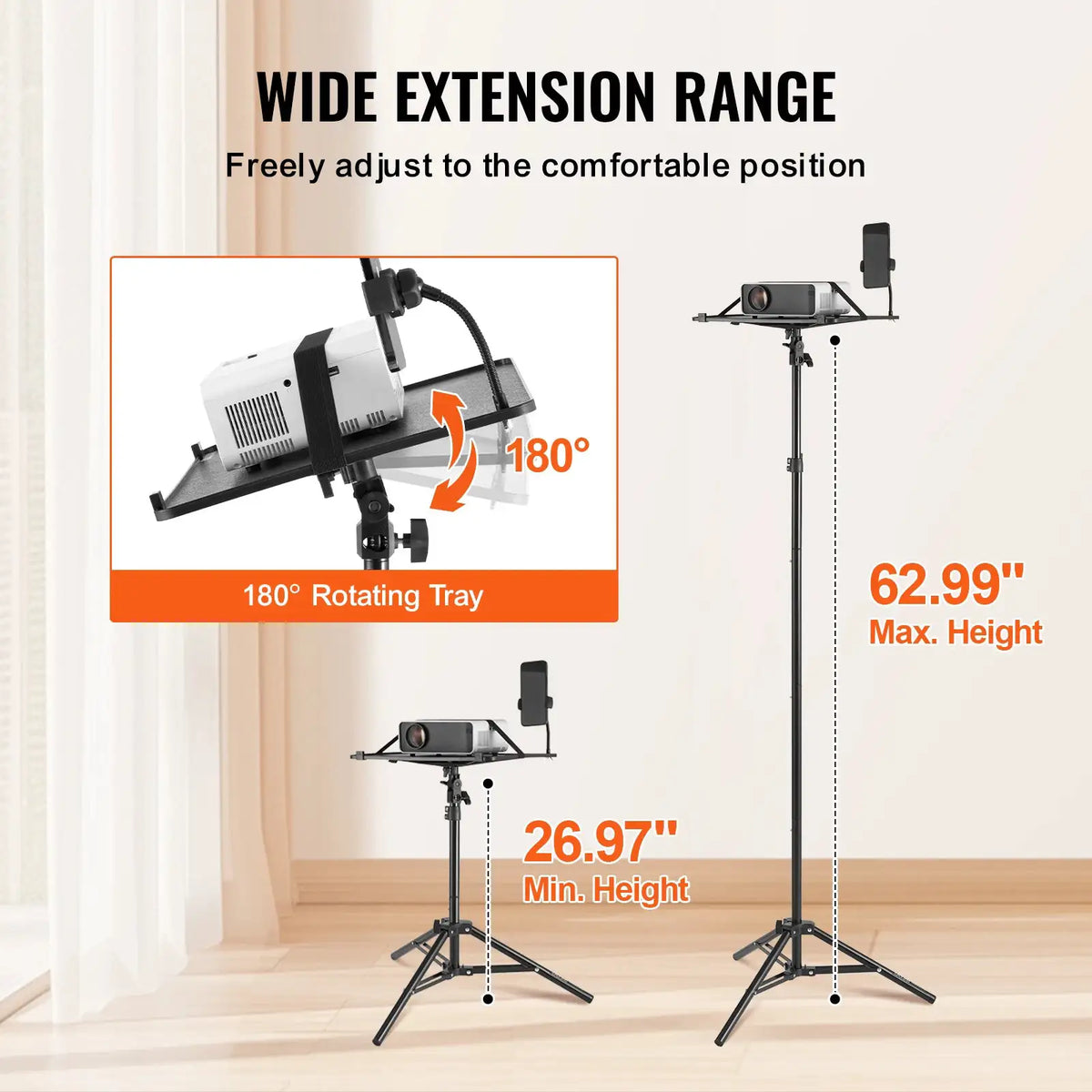 SucceBuy Portable Projector Tripod Stand Adjustable Height w/ Tray & Gooseneck Phone Holder for Outdoor Movies Home Office Stage