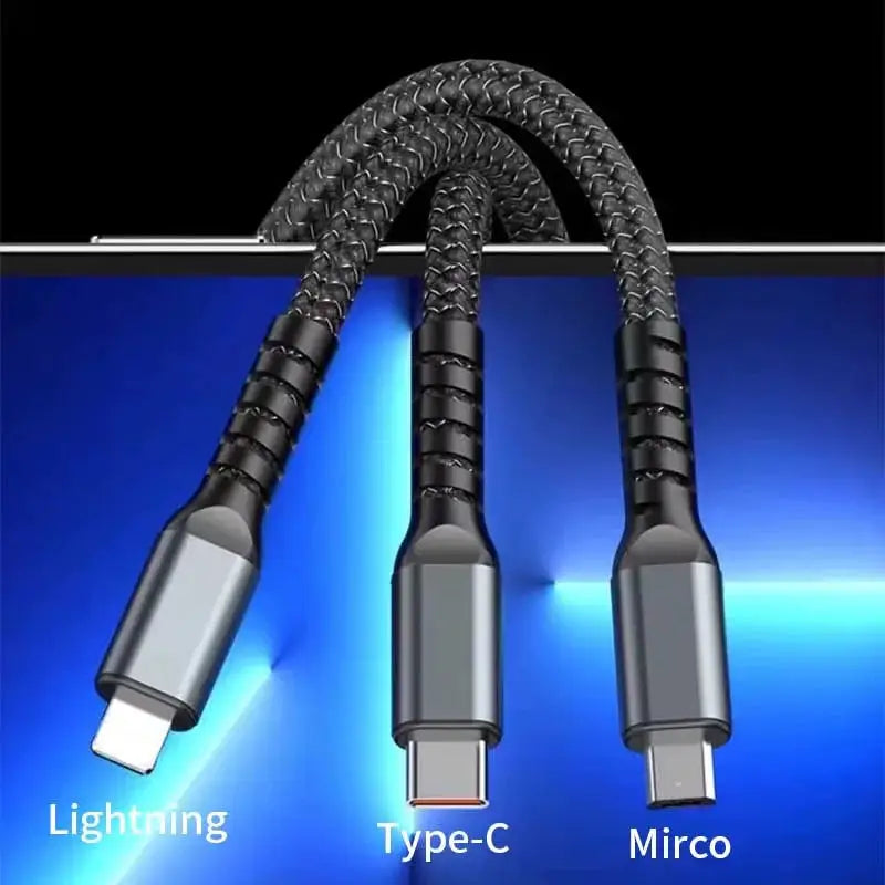 3 In 1 100W Fast Charging Cable Nylon Woven Charging Cable Type C Usb Micro For Iphone Samsung Huawei Xiaomi Pilot Lamp Charger