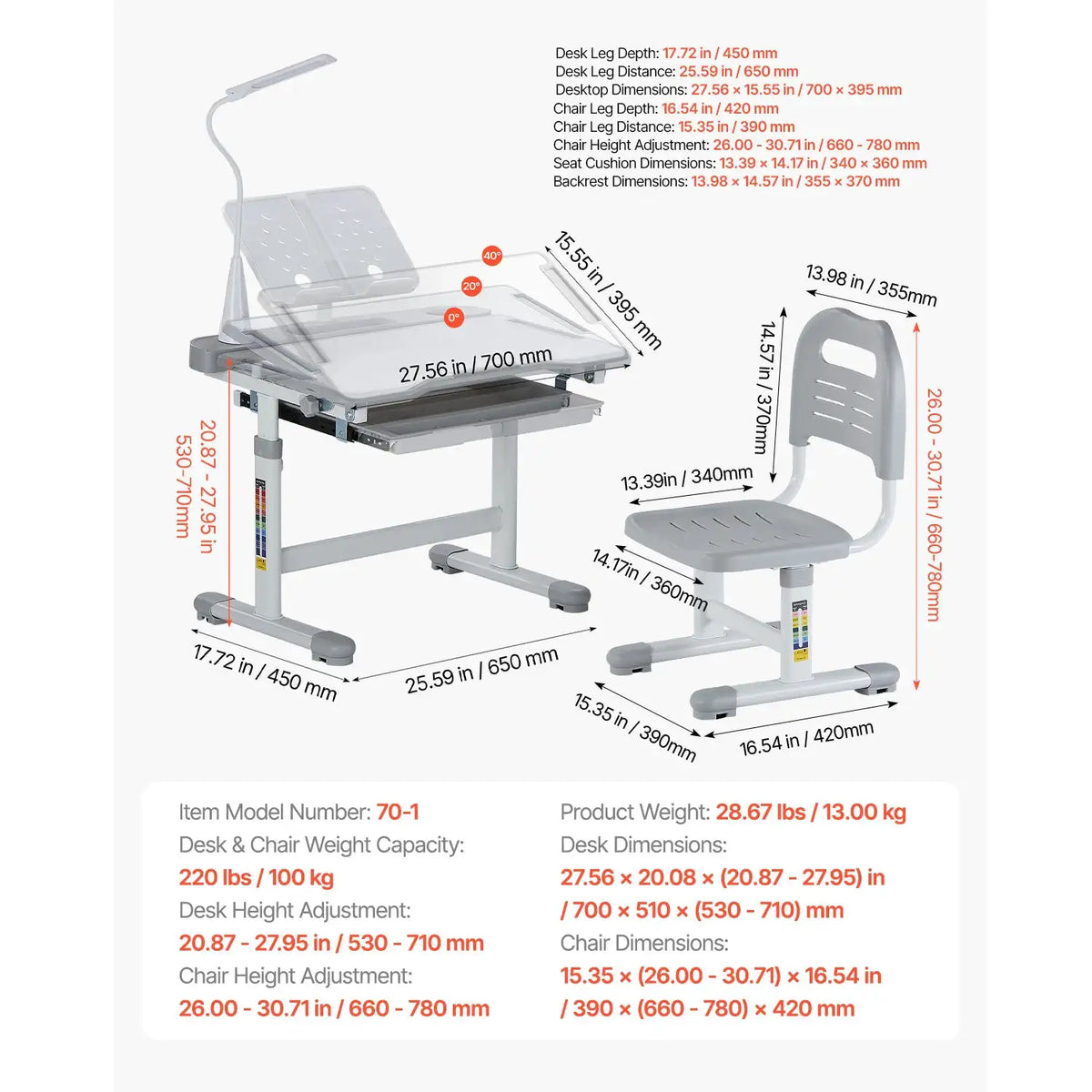 Adjustable Kids Study Desk Set — product view 11