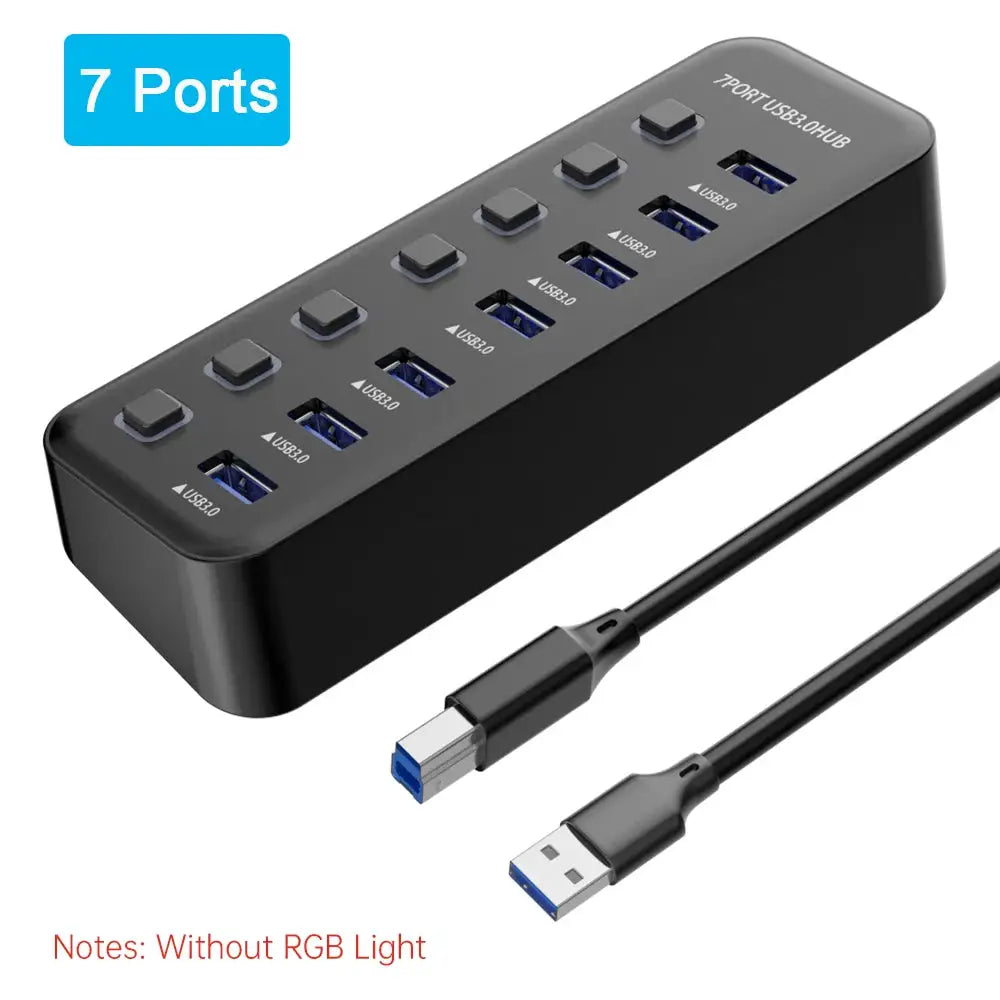 RGB USB 3.0 Hub 7 Ports Data Port Adapter 5Gbps High Speed Individual On/Off Switch Splitter USB Extension Docking Station