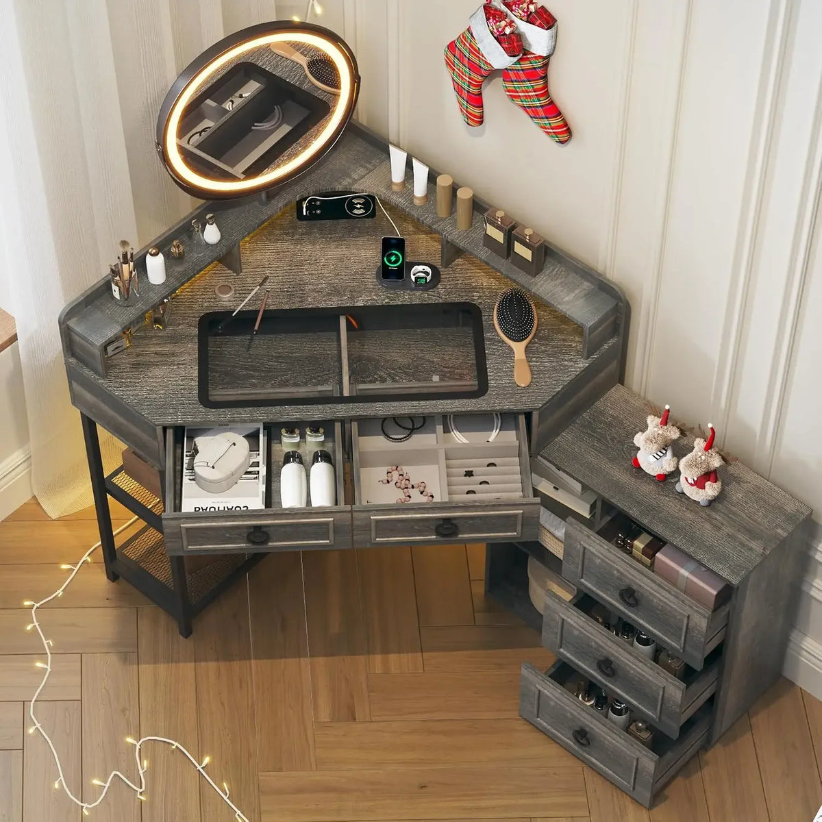 Glass Corner Vanity Makeup Desk