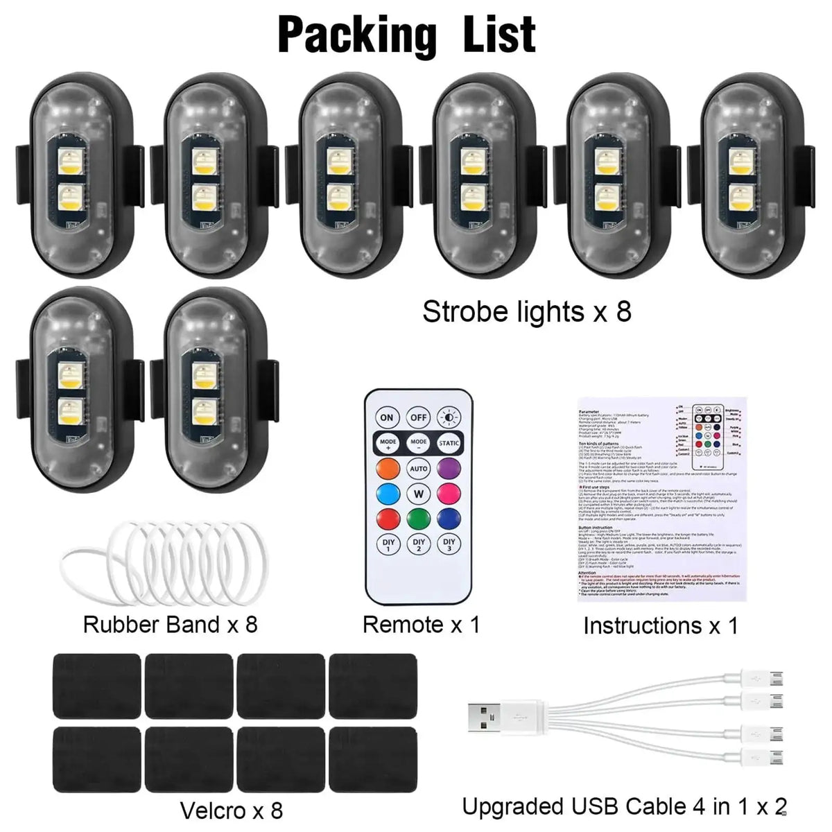 Wireless LED Strobe Lights with Remote Control, 8 Colors Rechargeable Anti-Collision LED Warning Lights for Car Motorcycle Bike