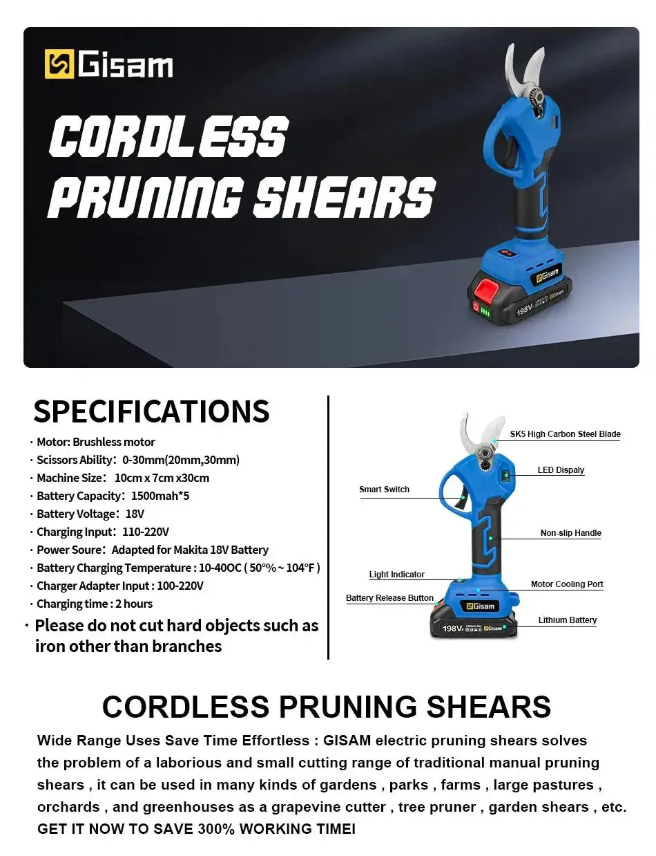 Gisam 30mm Cordless Brushless Electric Pruner Shears