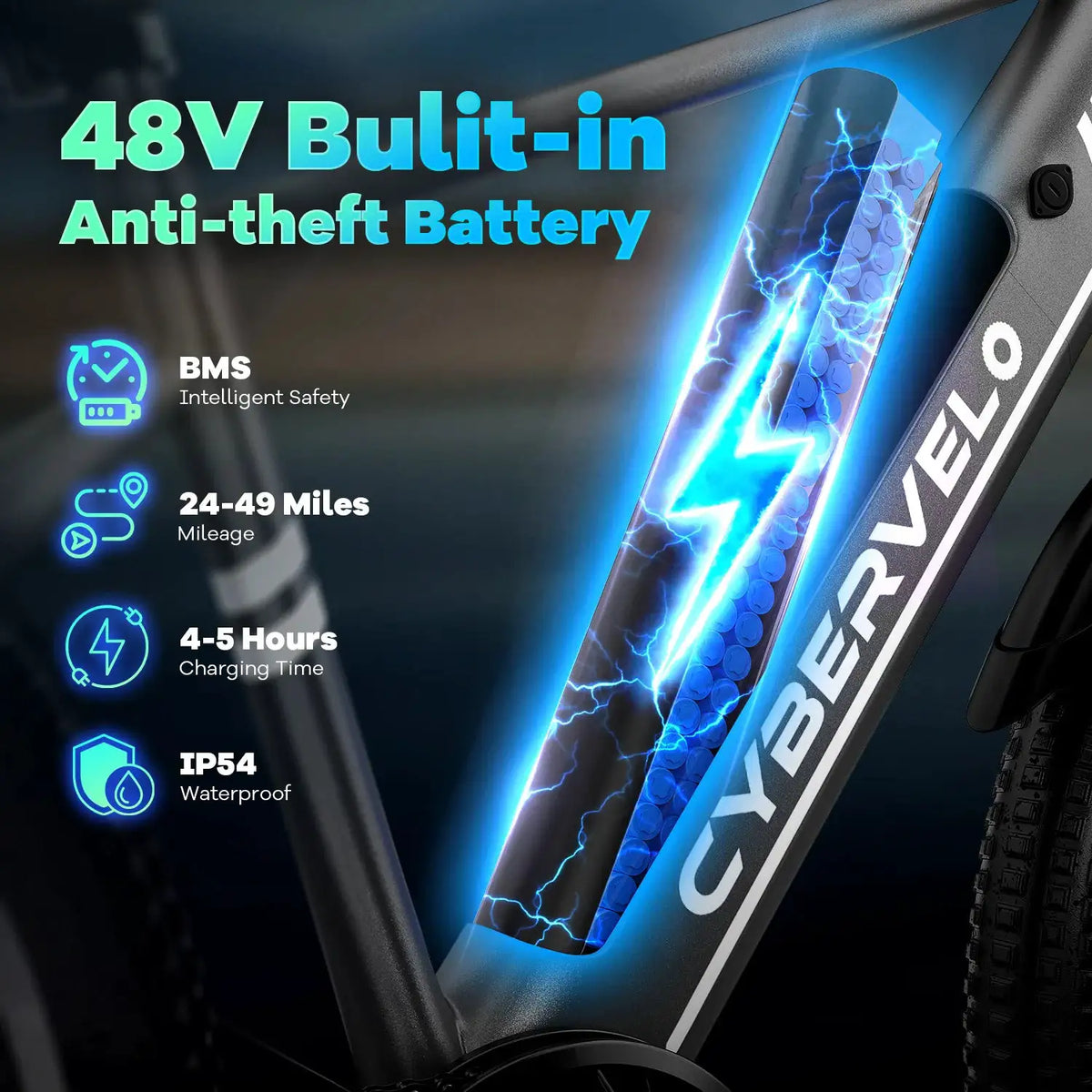 Cybervelo 26" Adult Electric Bicycle 1000W Peak Motor 48V Waterproof Battery 7-Speed Shift for Commute Beach Snow Women's And Men's EK3