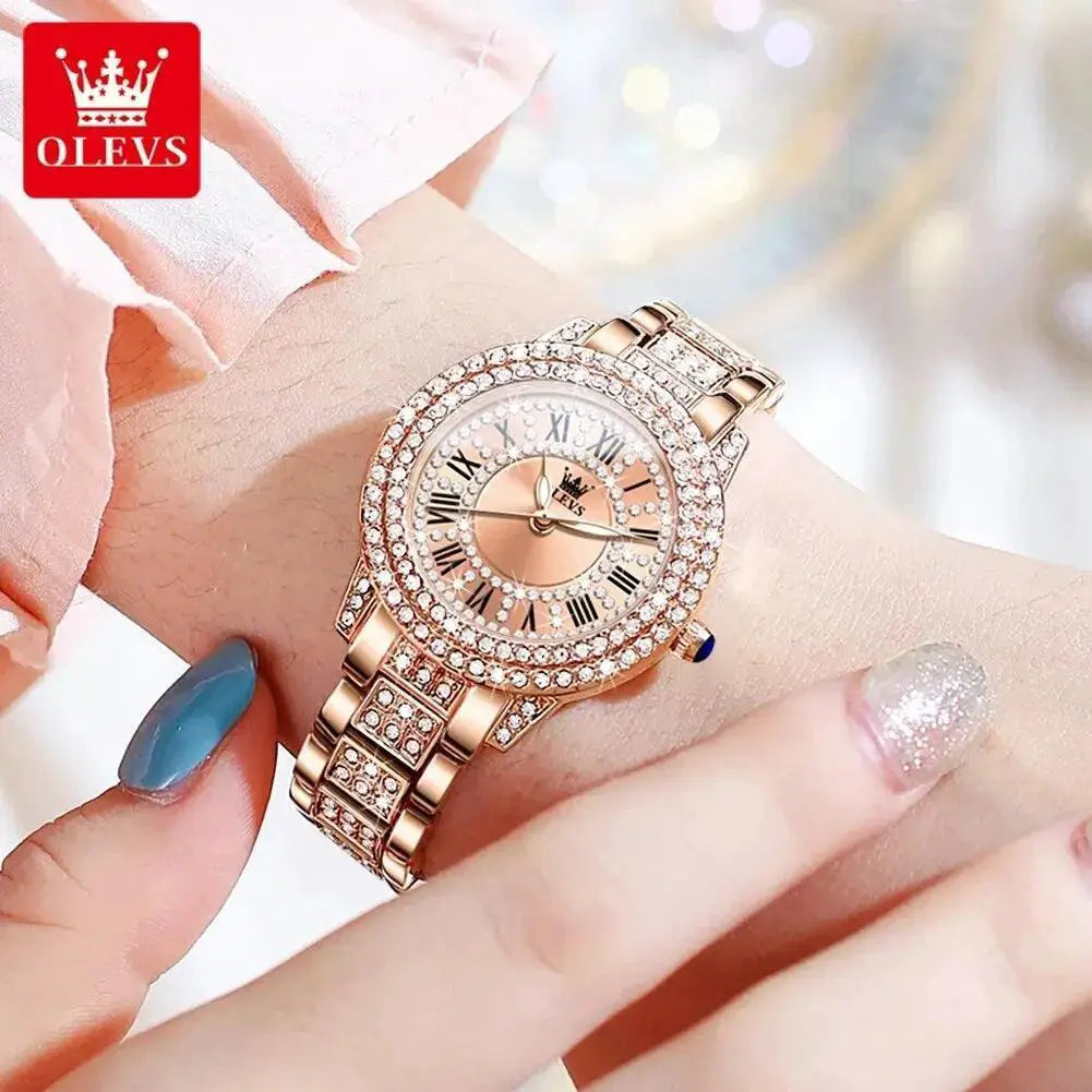 OLEVS Rose Gold Diamond Watch For Women Waterproof Timepiece