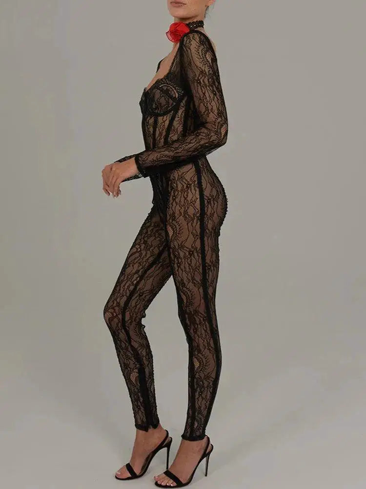 Mozision Lace Backless Jumpsuit Nightclub Elegance Statement