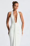 Mozision Deep V Neck Draped Maxi Dresses for Women Halter Backless Club Elegance