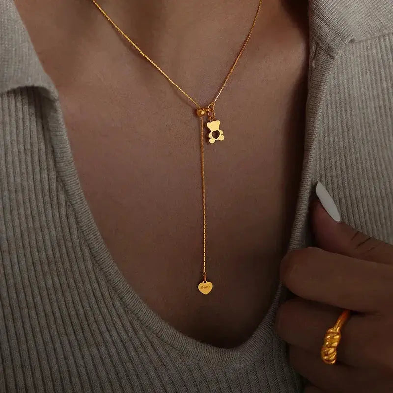 Hollow Bear Pendant Necklace Gold Plated Women Adjustable
