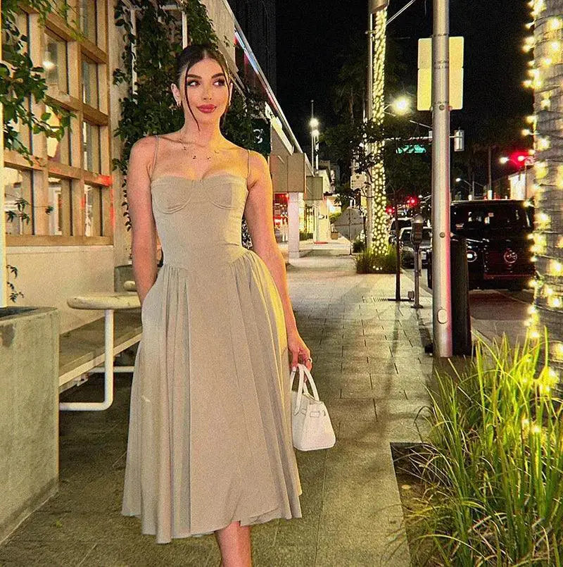 Elegant Spaghetti Strap Midi Dress Women Party Slim A Line - OurLum.com