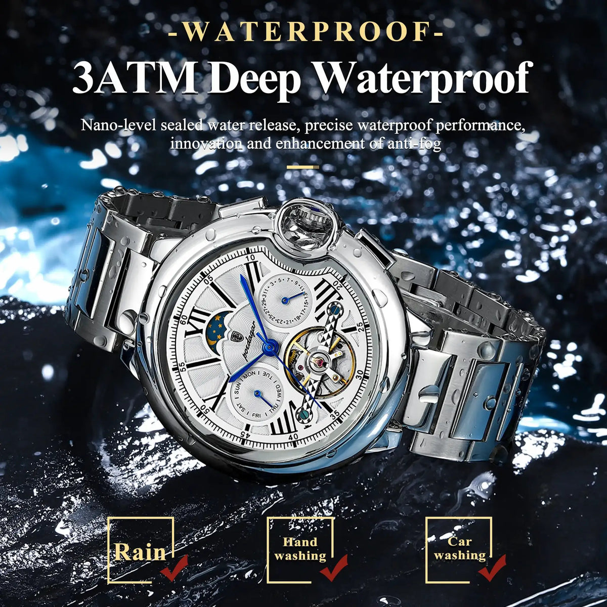 POEDAGAR Top Fashion Man Wristwatch Tourbillon Date Week Stainless Steel Men Watch Waterproof Automatic Mechanical Men's Watches