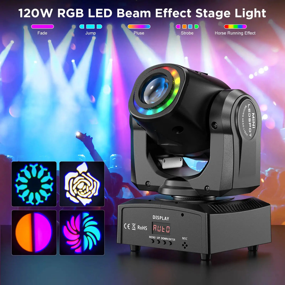 U'King 120W LED Beam Moving Head Light RGB Color Mixing 8 Patterns DMX Effect Light Rotating Stage Light for DJ Show Party KTV
