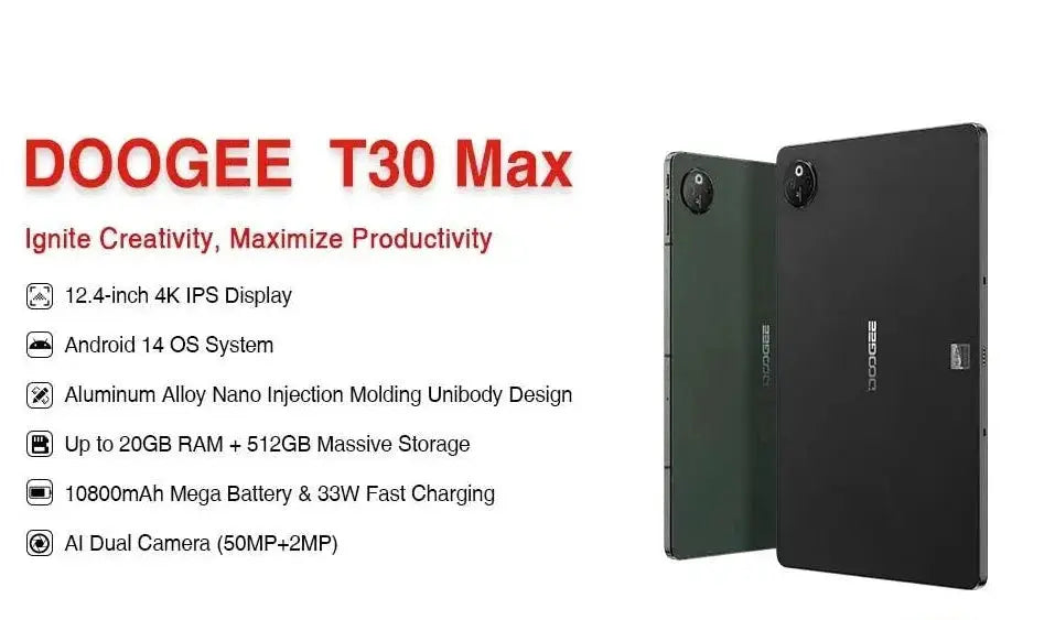 Doogee T30 Max 12.4 Inch 4K Android Tablet 20GB RAM 512GB