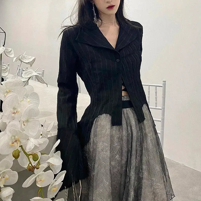 Korean Gothic Black Shirt Dark Academia Style For Women