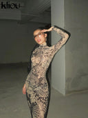 Kliou Mesh Vintage Prints Maxi Dress Women Sheer Long Sleeve Bodycon Party Dress