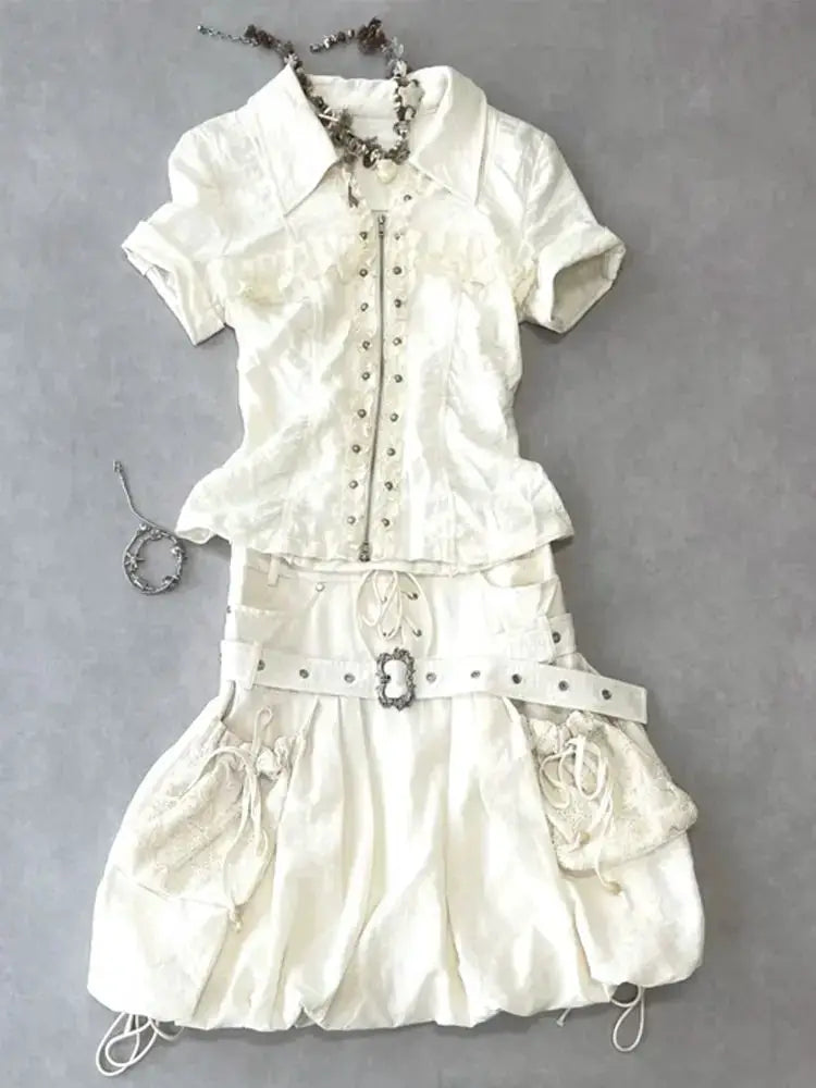 Punk Dresses 2 Pieces Harajuku Gyaru Streetwear Zipper Shirt Short-sleeved Polo Neck Fashion Y2k Mini Skirt Vintage 2000s Dress