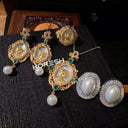 Women Gemstone Necklace and Zirconia Pearl Earrings Set in Textured 18K Gold