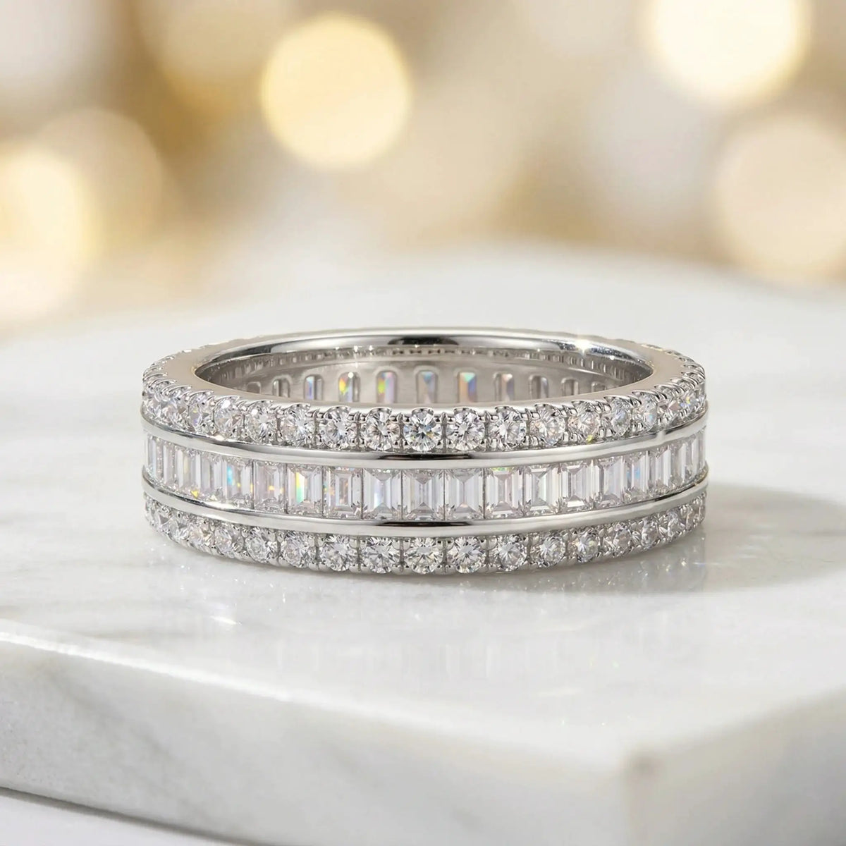 Triple Row Baguette Moissanite Ring, 925 Silver, D Color VVS1, 1.53ct Full Pave, Stackable Women's, w/ Cert
