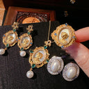 Women Gemstone Necklace and Zirconia Pearl Earrings Set in Textured 18K Gold