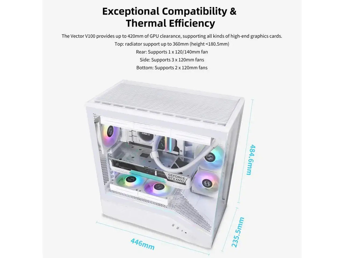 Lian Li V100 ATX Mid-Tower PC Case, LED RGB Strip, Display Platform Design with Tempered Glass, Support 420mm GPUs, 360mm Radiator, Side I/O & Optimized Airflow, Dust Filiter - White (V100W)