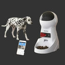 Smart pet feeder with a cat and smartphone app in a home setting, promotional text at the bottom.