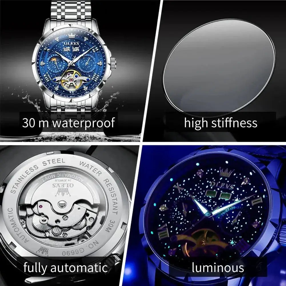 OLEVS Mens Moon Phase Hollow Flywheel Luxury Wristwatch