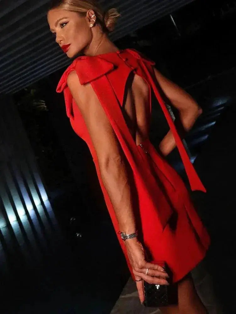 Elegant Crimson Bow Sleeveless Mini Dress For Summer Chic