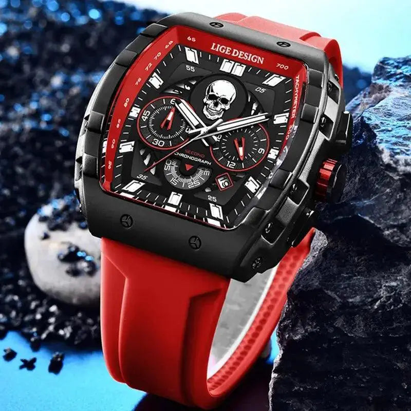 LIGE Skull Mens Chronograph Watch Stylish Quartz Wristwatch