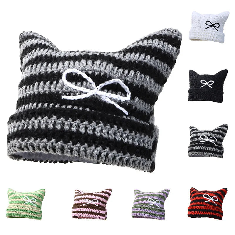 Striped Cat Ear Knitted Cap
