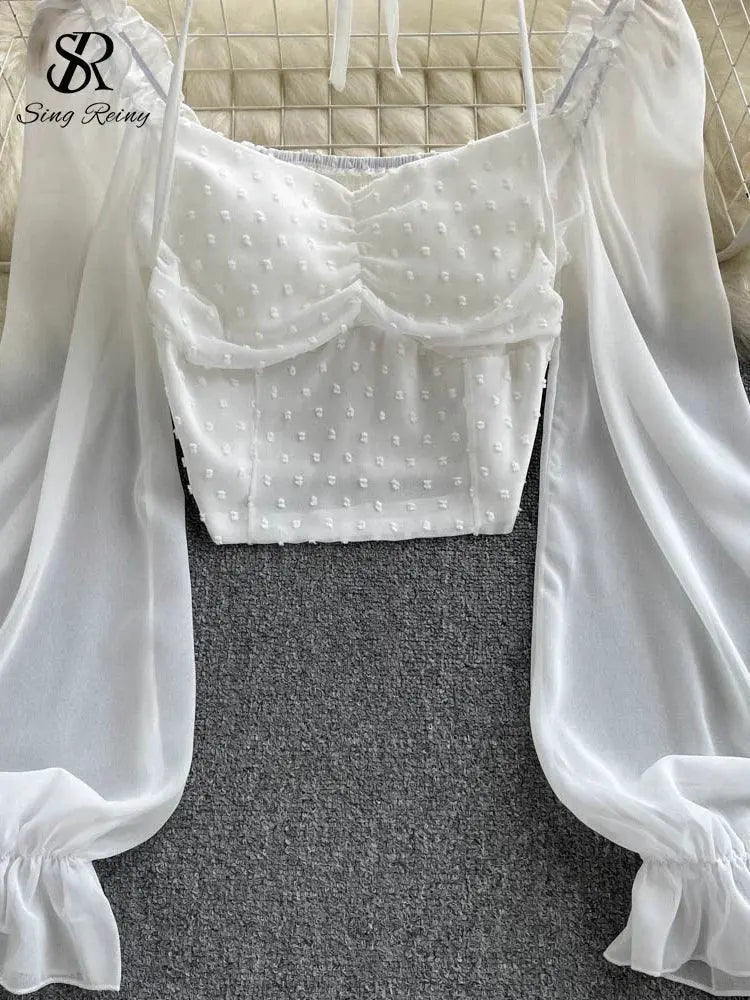 French Polka Dot Short Blouse Elegant Summer Top For Women