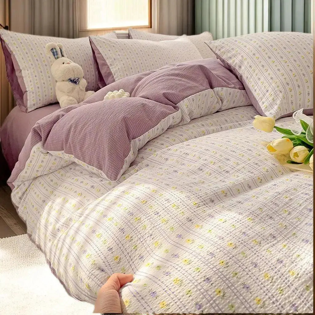 Cute Bear Pink Flower Bedding Set Soft Washed Cotton Quilt
