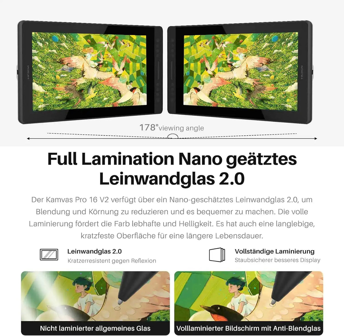 HUION Kamvas Pro 16 V2 Drawing Tablet with Screen 16K Levels PenTech 4.0 Battery-Free Pen, 15.6" Full-Laminated, Smart Touch Bar