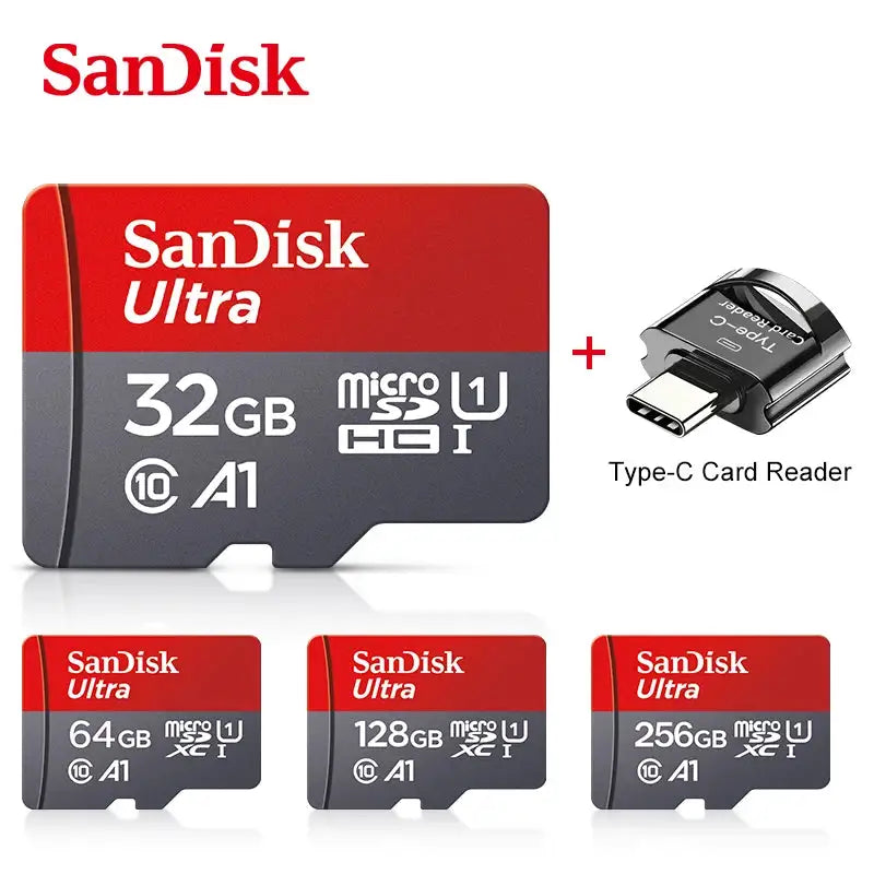 Original SanDisk A1 Memory Card 256GB 128GB 64GB 100MB/S 32GB Micro SD Card Class10 UHS-1 Flash MicroSD TF/SD Type-C