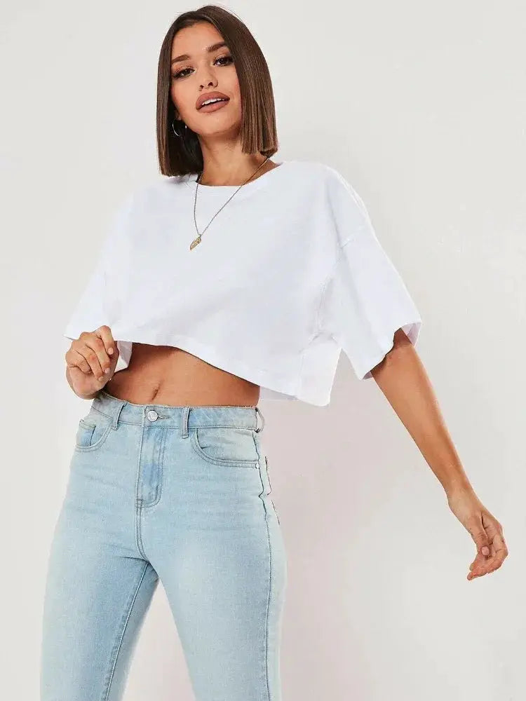 Cotton Women Short Sleeve Crop Top Navel Baring Yoga Fitness