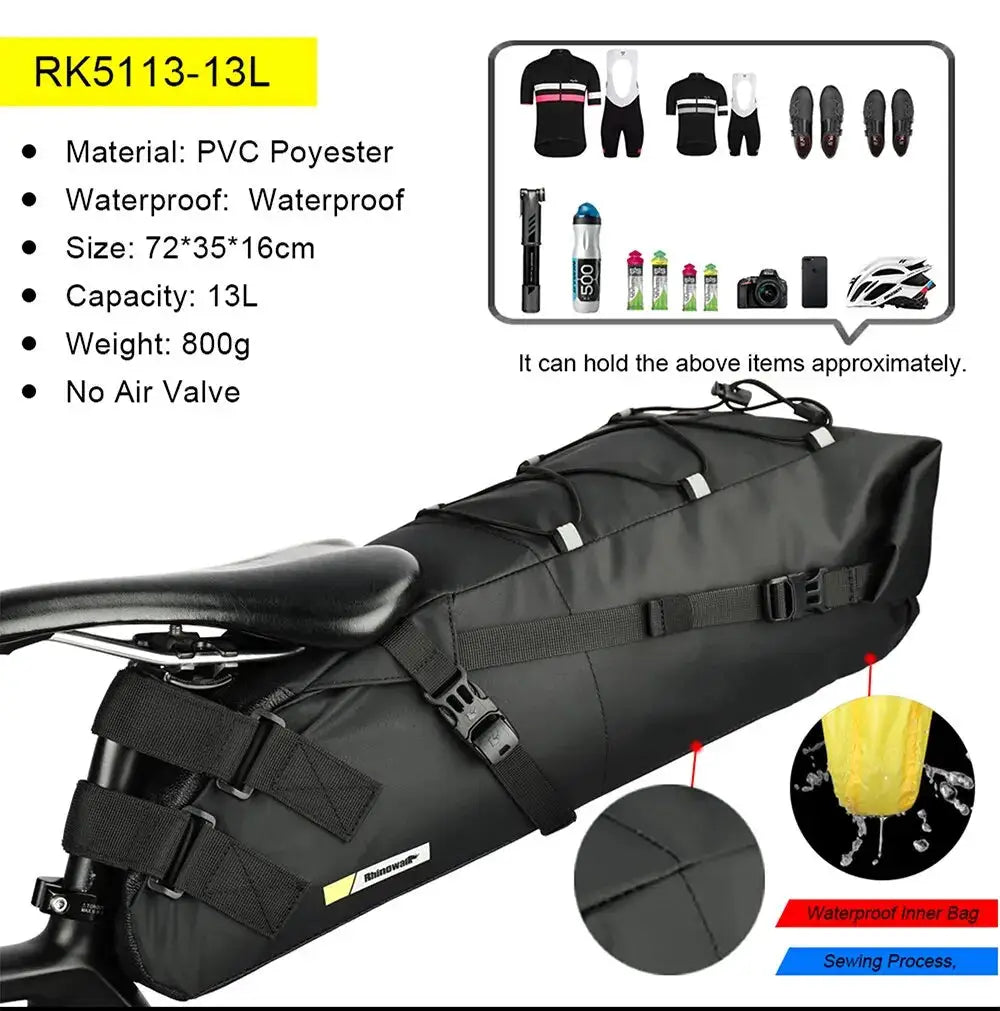 Rhinowalk Bike Saddle Bag Waterproof MTB Road Bicycle 13L Large Capacity Cycling Bag Foldabe Tail Rear Bag Trunk Accessories