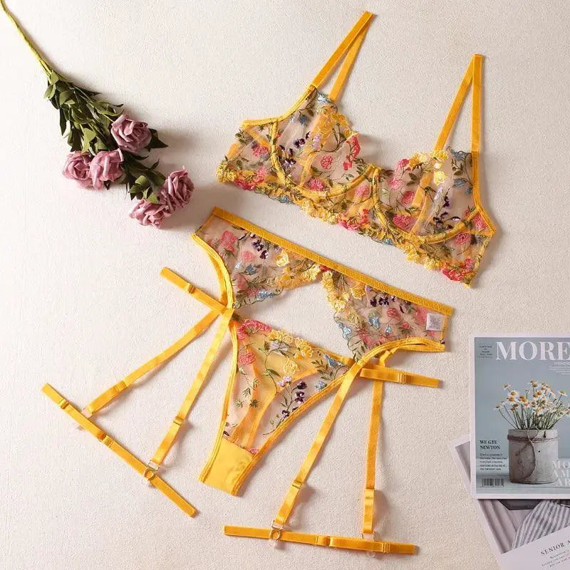 Floral Lace Lingerie Set For Women Elegant 3 Piece Ensemble