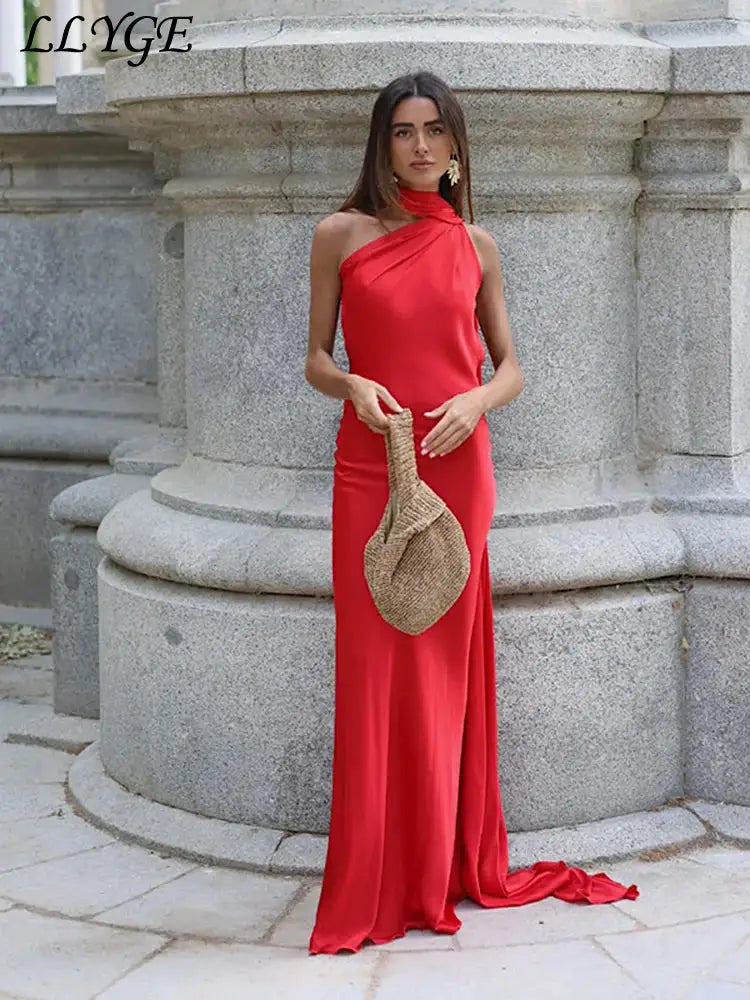 Elegant Women's Ribbon Long Satin Party Dress Halter Backless Sleeveless Female Dresses 2025 Summer Lady Solid Evening Gowns